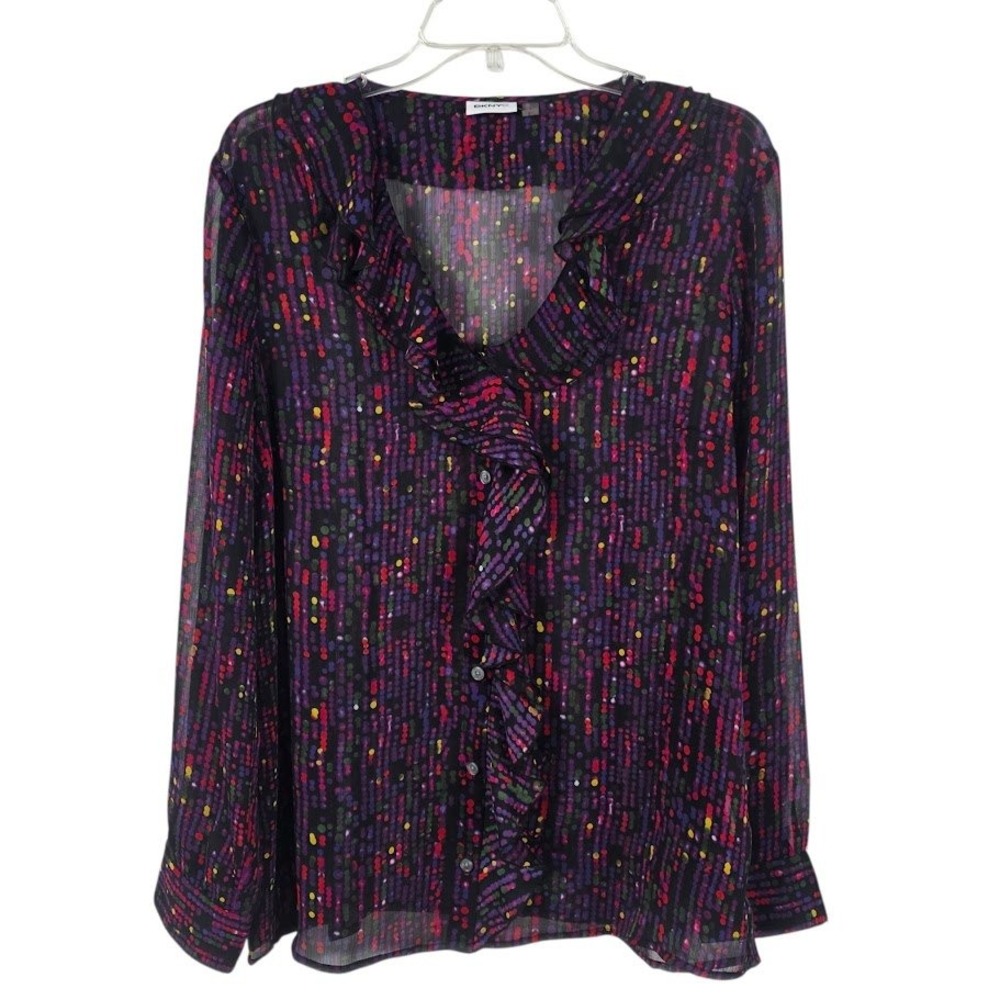 DKNY Blouse Women Black Multi Confetti Ruffle Sheer Chiffon Office Top L